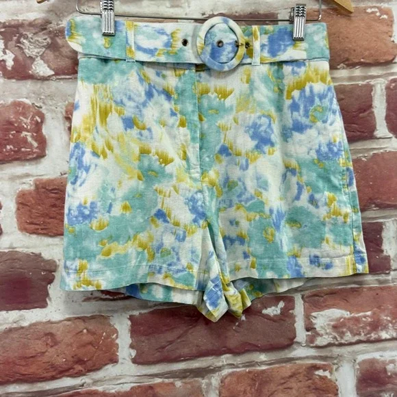 Christian Lacroix Shorts Women's Small Multicolor Abstract Linen Blend Belted - Picture 2 of 8